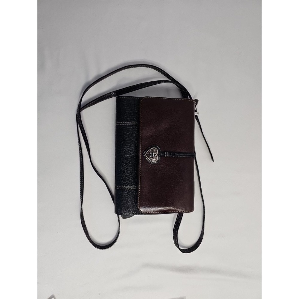 90's Brighton Leather Crossbody Organizer Wallet - Black Brown Silver Heart EUC